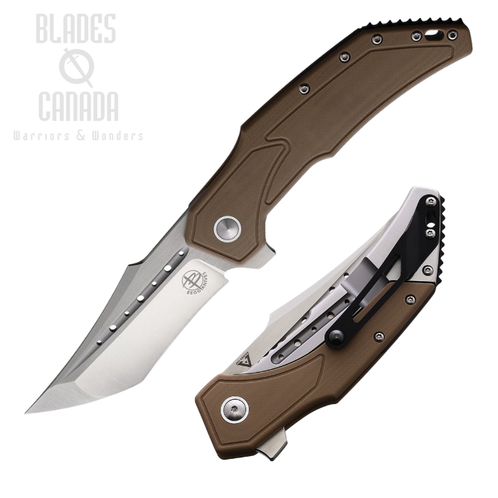 Begg Knives Astio Flipper Framelock Knife, D2 Satin, G10 Tan, BG009